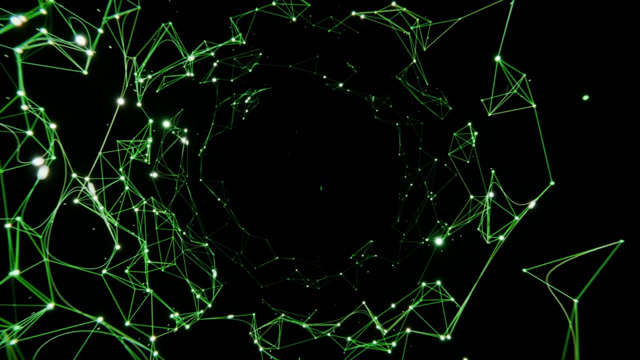 Emerging green points in digital space forming neon network around dark void, simulating data flow