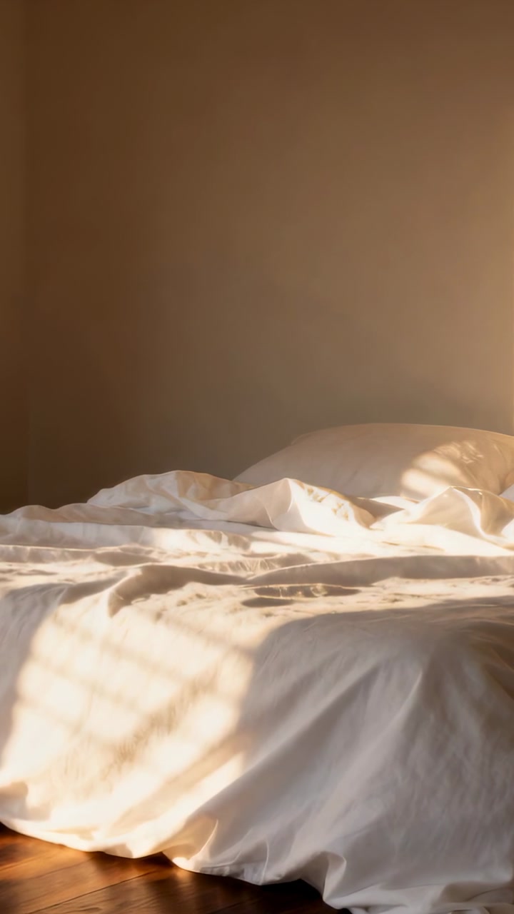 Vertical video: Morning sunlight shifting blind stripes across bed, pillow in bedroom as sun moves