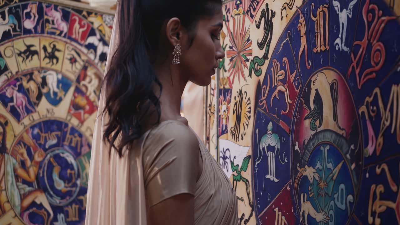 Astrologer dressed in elegant attire gazing at a large zodiac wheel, delving into astrology and esoteric themes while surrounded by a tranquil and serene atmosphere