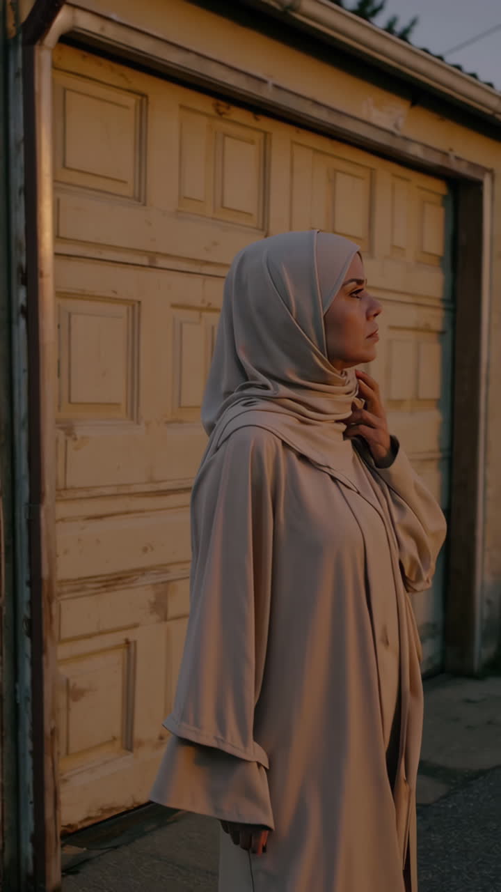 Woman in Hijab and Abaya near Garage at Sunset