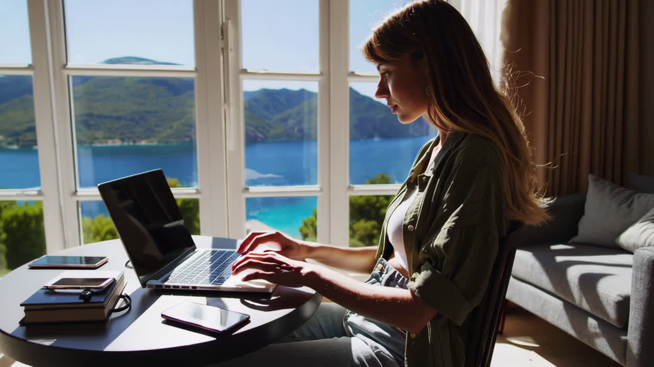 Woman working on laptop with a beautiful sea view from a window