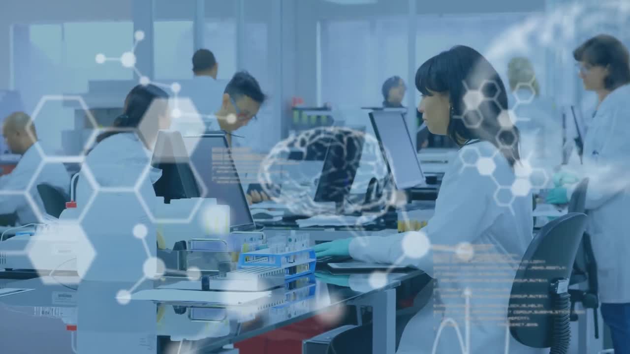 분자 구조의 애니메이션, 뇌, 컴퓨터 언어, 실험실에서 일하는 다양한 과학자