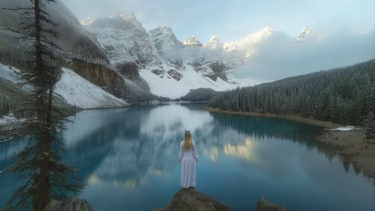 modelo en vestido largo de pie en el lago moraine con reflejo en la mañana mágica