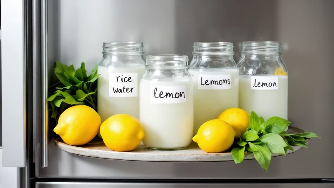 Glass jars containing rice water and lemon juice, placed on a tray with fresh lemons and basil leaves, stored inside a refrigerator for preservation