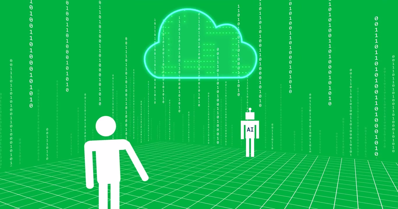 Animation of ai chat text and data processing over cloud on transparent background