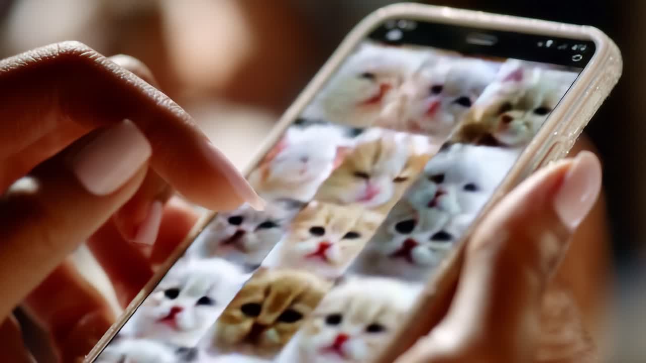 Person Interacting with Smartphone Displaying Adorable Kitten Photos, Capturing Moments of Playfulness and Cuteness in a Gallery of Furry Companions on Mobile Device