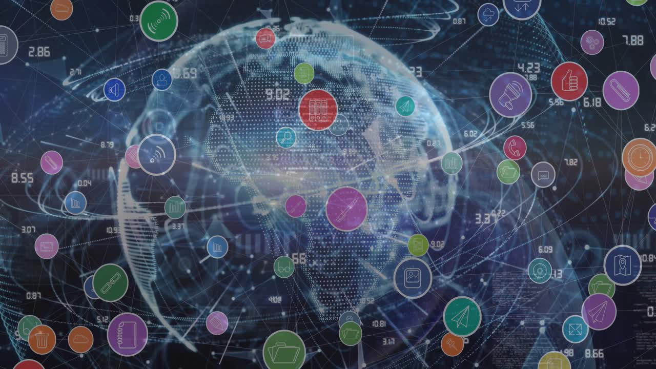 디지털 아이콘 네트워크와 블루 배경에 대한 전 세계 연결 네트워크의 애니메이션