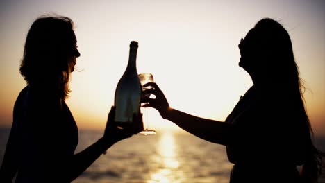 dos mujeres brindando champán al atardecer