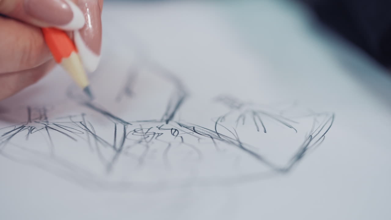 Woman hands drawing on template. Fashion designer draws a sketch of dress with a pencil on paper. Drawing and craft designing. Close-up.