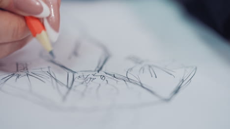 Woman hands drawing on template. Fashion designer draws a sketch of dress with a pencil on paper. Drawing and craft designing. Close-up.