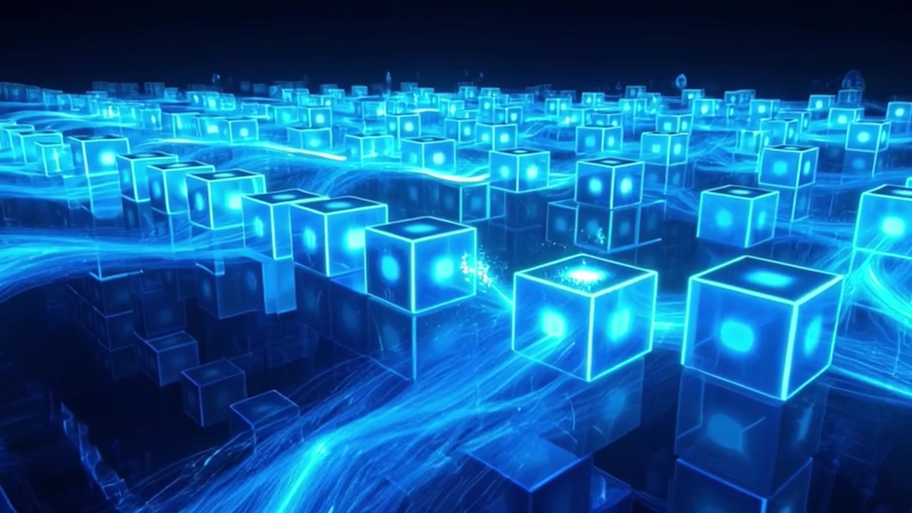 Abstract Digital Network with Glowing Blue Cubes and Data Streams