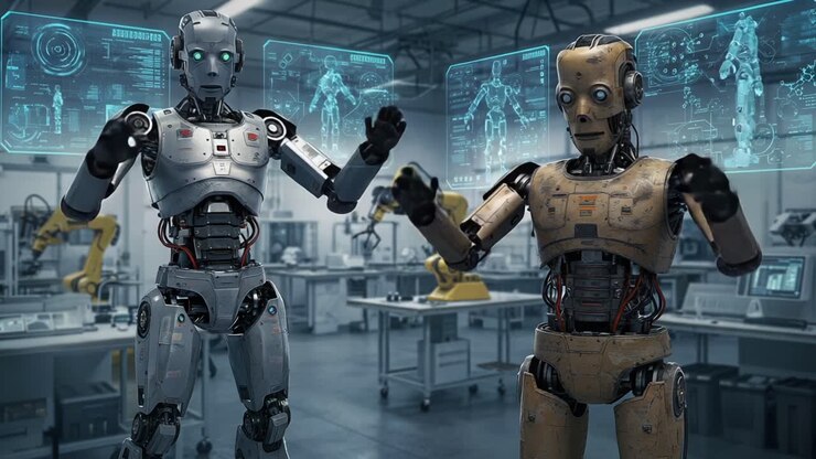 En un laboratorio de alta tecnología, dos robots avanzados muestran expresiones emocionales, desplazándose por su entorno con hologramas interactivos y brazos robóticos, lo que ilustra el futuro de la tecnología de IA.