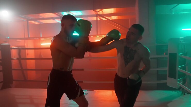 Dos boxeadores haciendo sparring en un dramático ring de boxeo iluminado con neón
