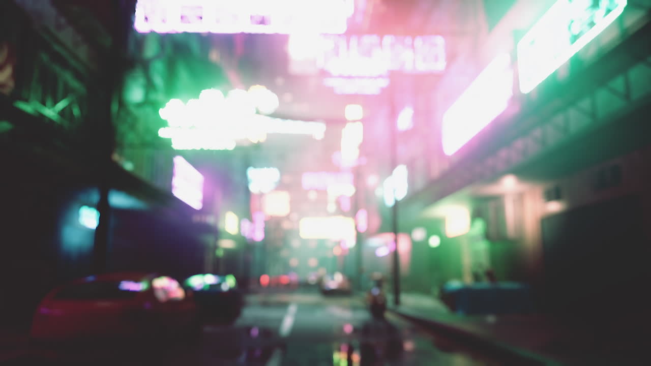 밤의 사이버 크 도시: 흐릿한 네온 조명과 어두운 거리
