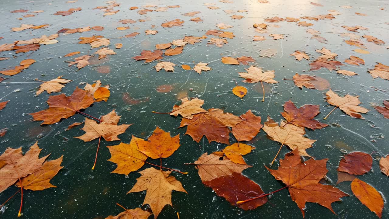 A Serene Display of Autumn Leaves Floating on a Frozen Surface, Capturing the Beauty of Nature's Transition and Seasonal Change in a Still Moment
