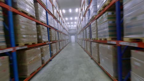 Drone-flight-in-industrial-deep-frozen-storage-warehouse-with-warehoused-goods