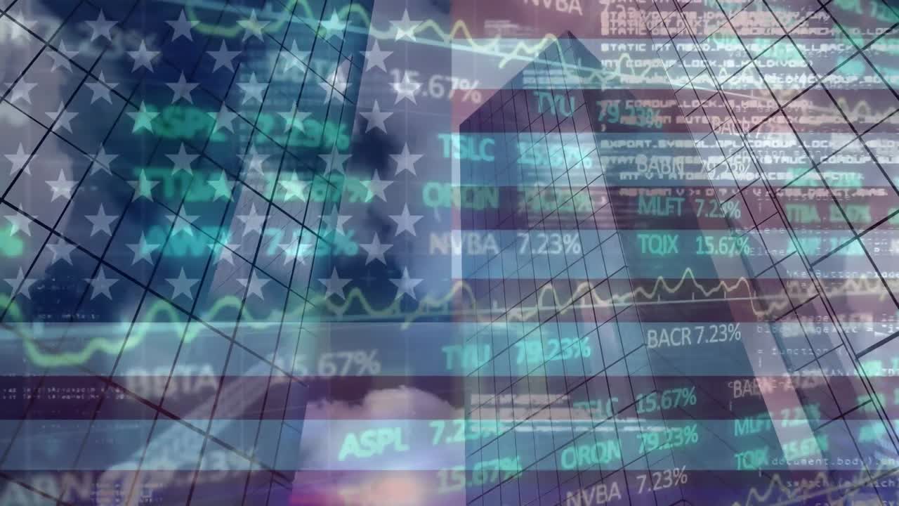 animación del procesamiento de datos del mercado de valores sobre la bandera de estados unidos y edificios altos contra el cielo azul.