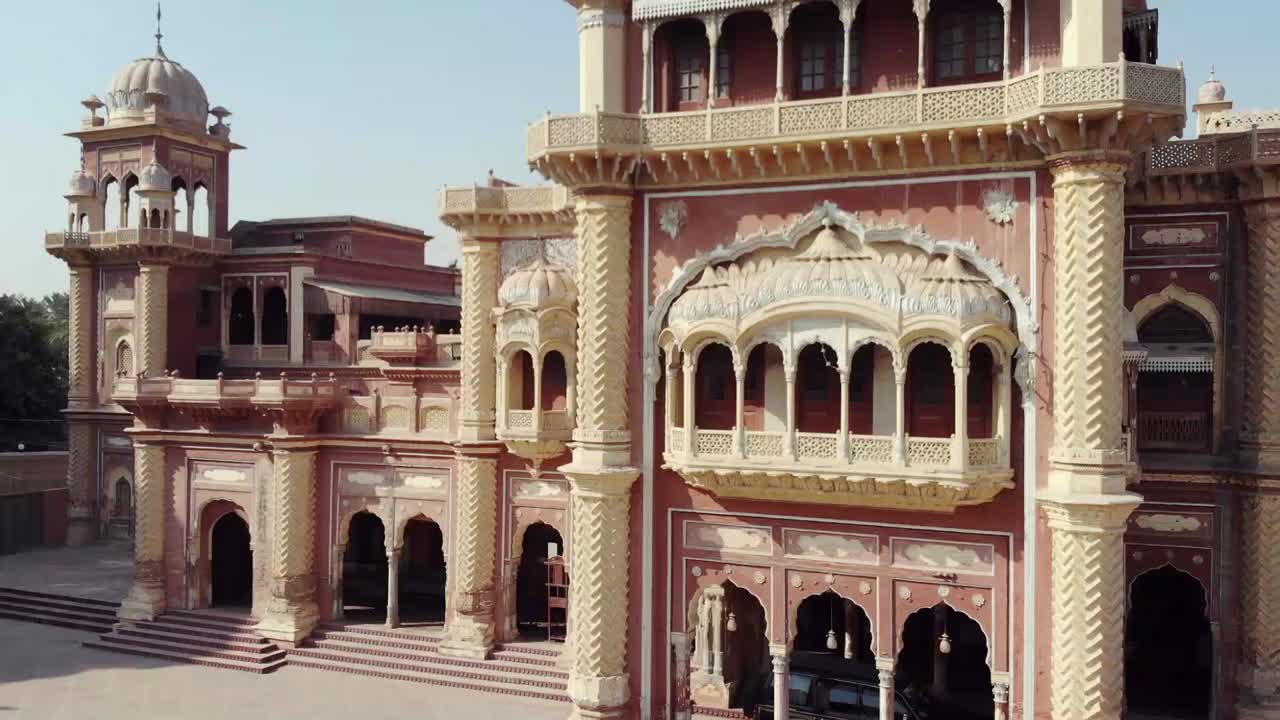 Aerial View Of Faiz Mahal Palace in Khairpur In Pakistan. Close Up, Follow Shot Left