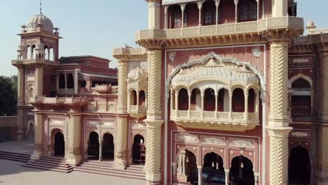 aerial view of faiz mahal palace in khairpur in pakistan. close up, follow shot left