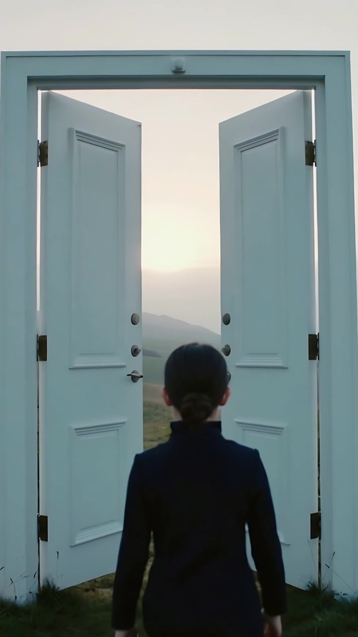 Video vertical: Chica con abrigo oscuro observando, caminando mientras unas puertas blancas se abren en una colina hacia un valle soleado.
