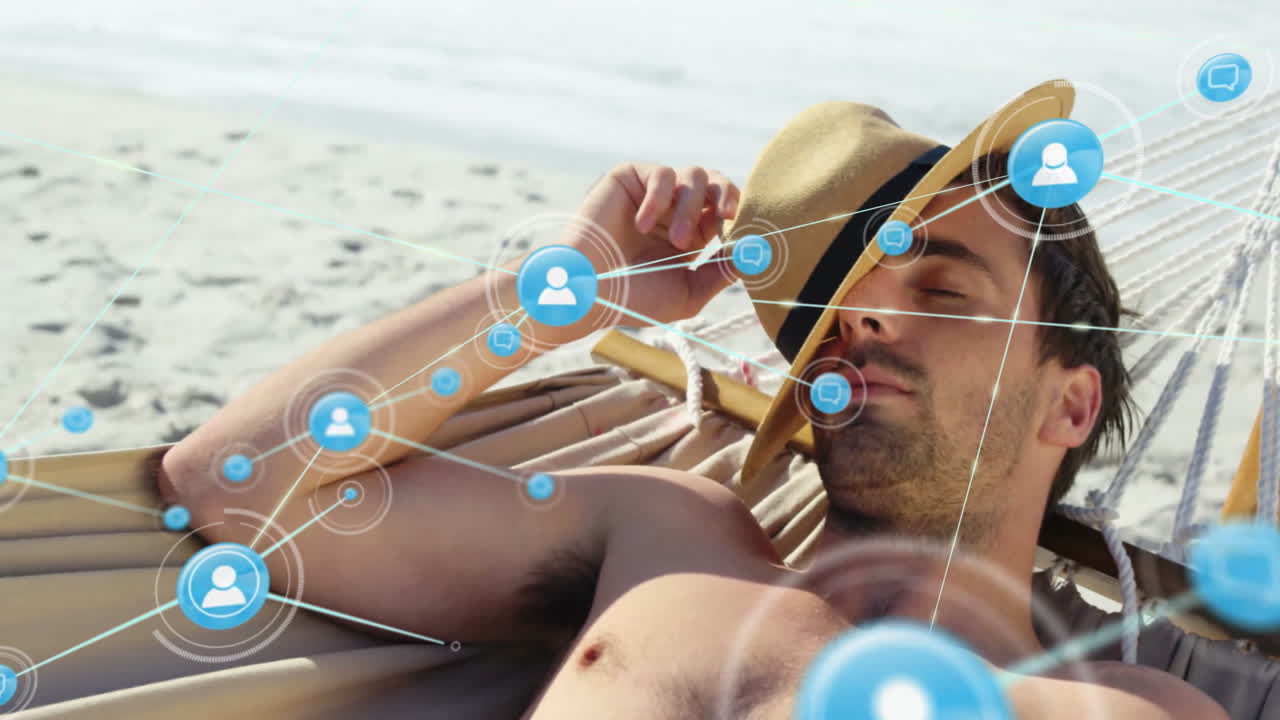 해변에 햄록에 누워있는 백인 남성 위에 아이콘과 연결 네트워크의 애니메이션
