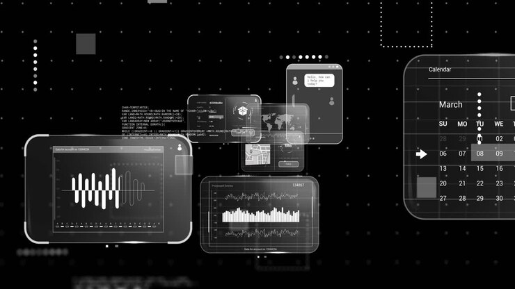 Animation of screens with data processing over black background