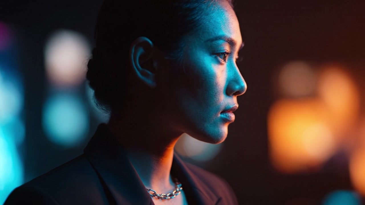 Un portrait captivant présentant une femme de profil, éclairée par une lumière dramatique, mettant en valeur ses traits et son expression, sur un fond flou