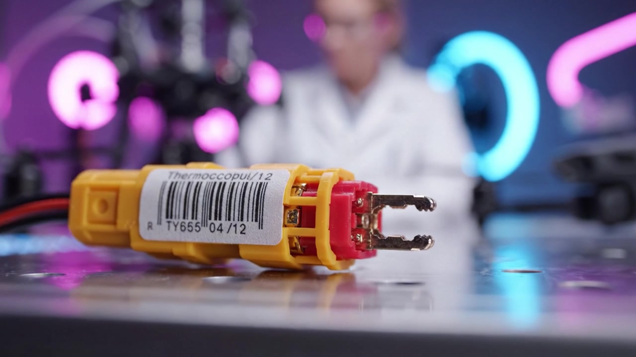 Primo piano di una sonda termocoppia con codice a barre in un moderno ambiente di laboratorio, che mostra attrezzature scientifiche accanto a un'elegante e colorata illuminazione al neon e un ricercatore.