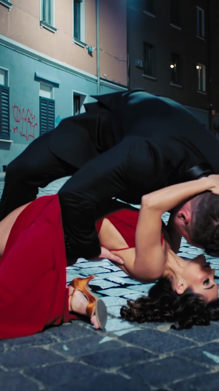 Vertical video: Opening hold leading suited man guiding redclad woman into dip under lamp for film