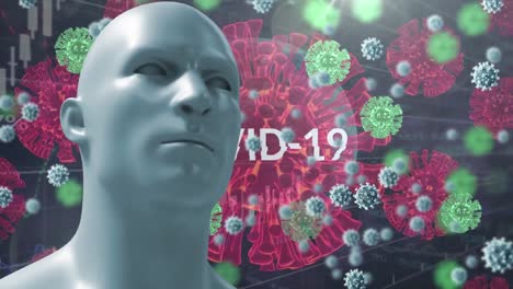 Animation-Eines-Menschlichen-Gesichtsmodells-über-Covid-19-Und-Viruszellen-Auf-Schwarzem-Hintergrund
