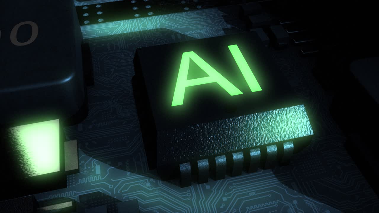 Dark and sinister high quality CGI render of an integrated circuit board featuring a green glowing AI chip, with a smooth clockwise camera move pushing in slowly on the central AI chip