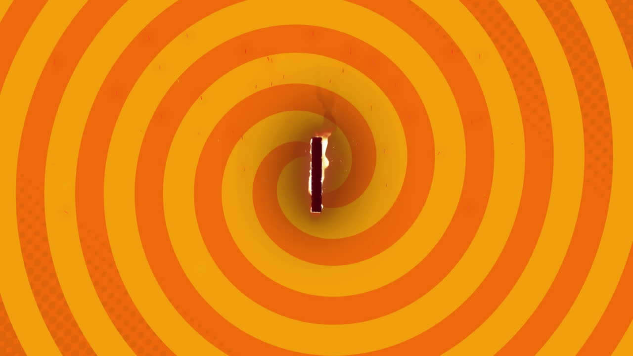 노란색 배경에 회전하는 나선에 대항하여 1번 위의 불꽃 효과의 디지털 애니메이션