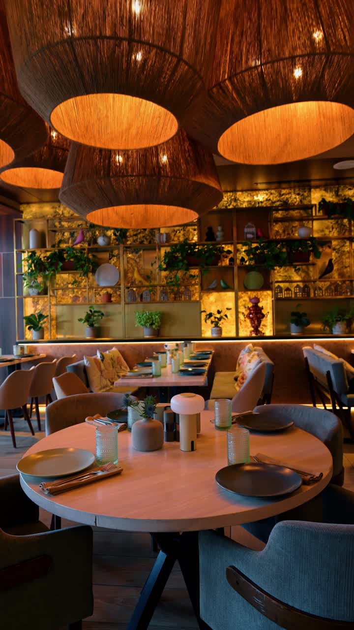Moderne spiseområde med dekorative hylder og vævede lamper. Interiør af en restaurant med runde borde, vævede pendellamper og en væghylde med planter og fugle.