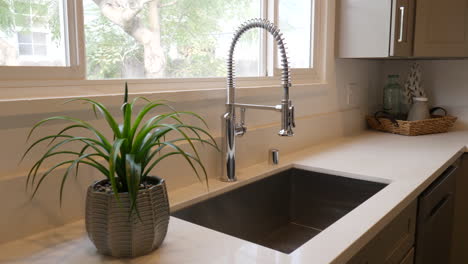 Slide-left-along-a-white-countertop-with-a-new-stainless-steel-sink-and-a-green-indoor-house-plant-in-a-newly-remodeled-kitchen