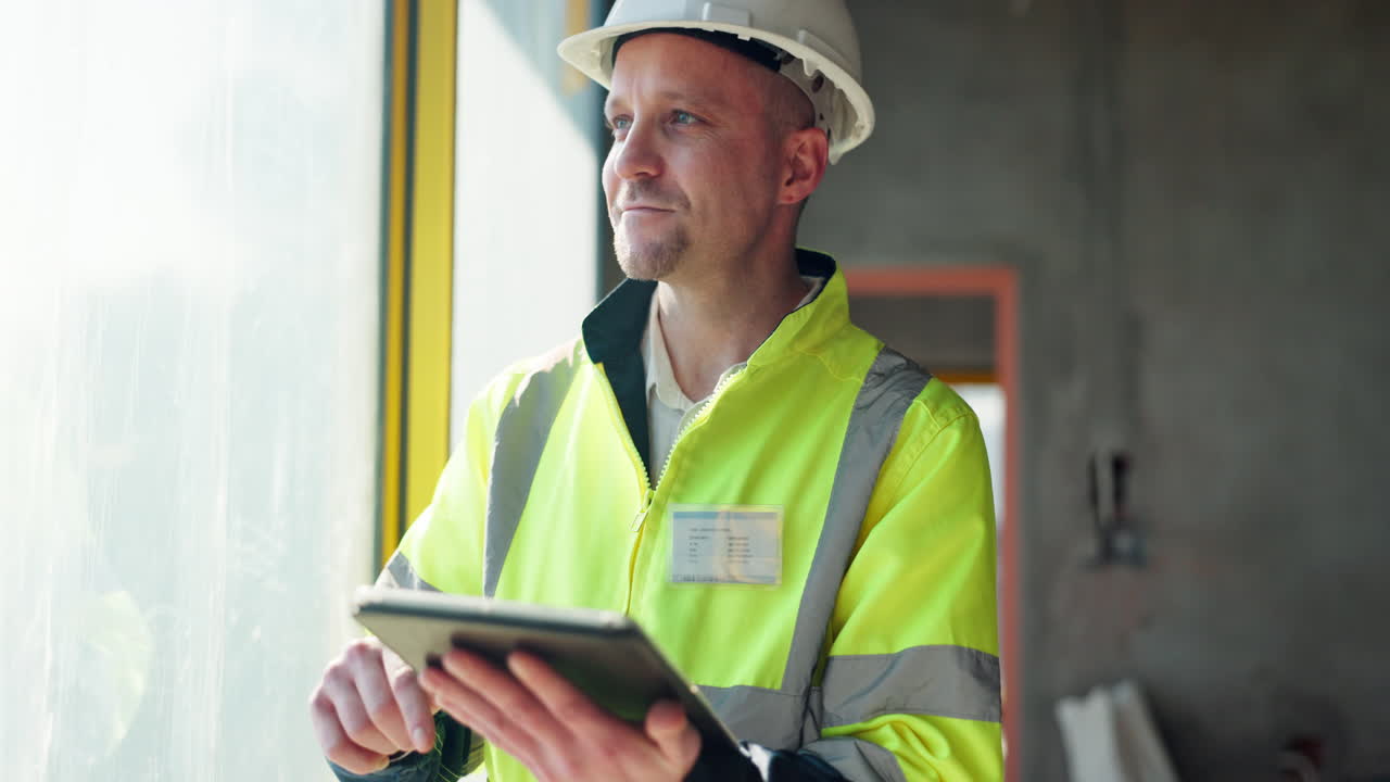 trabajador de la construcción usando una tableta digital en un sitio de construcción.