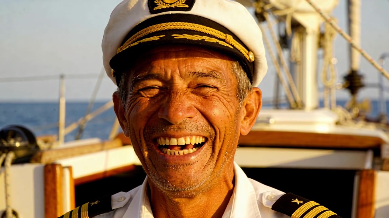 Capitano anziano sorridente che si gode il sole, ride e si dondola a prua con cappello bianco ed epaulette.