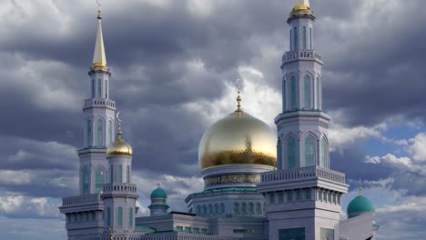 moscow cathedral mosque against the moving clouds, russia -- the main mosque in moscow, new landmark