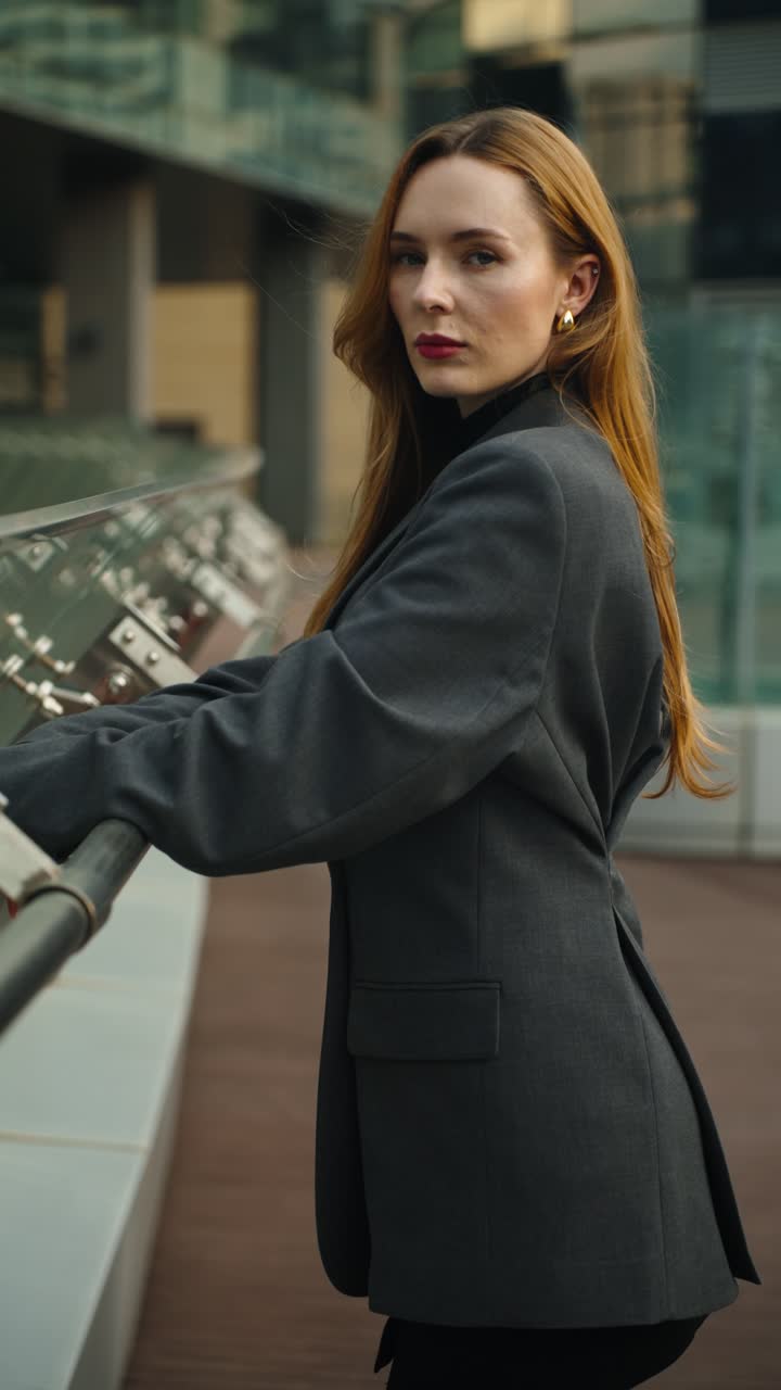 A businesswoman in a gray blazer stands on a modern office terrace, first looking aside, then turning her gaze to the camera as it slowly pushes in for a close-up