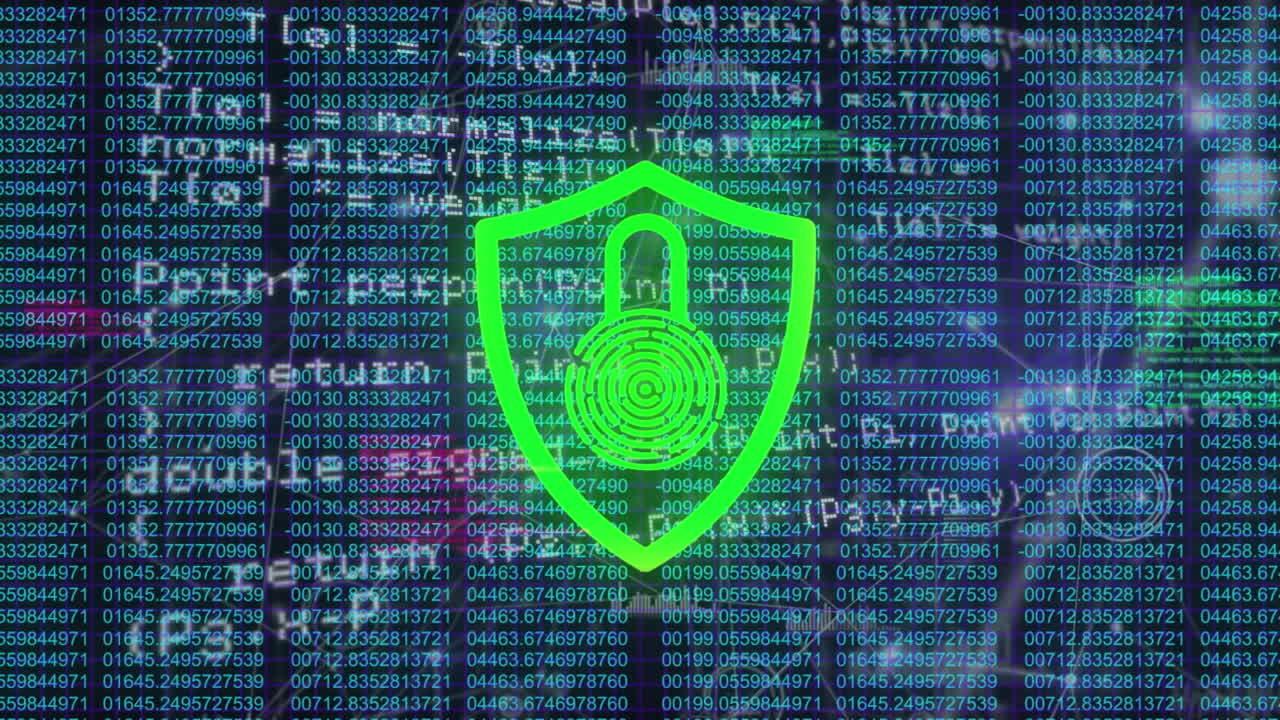 Animation of security padlock icon over network of connections and data processing