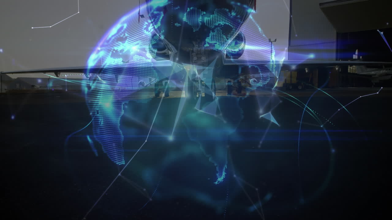 Animation of global network of connections with aeroplane in background