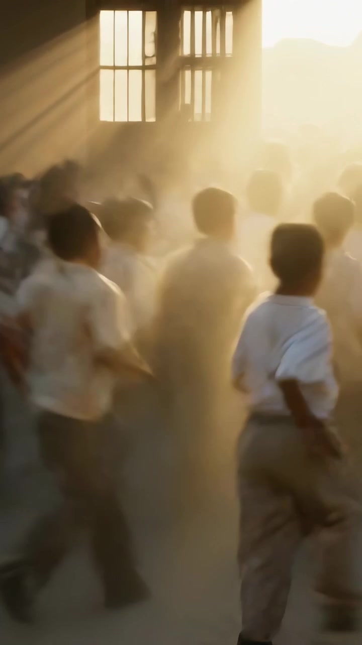 Video verticale: Ragazzi che camminano reagiscono all'apertura di una porta a scuola, indossando camicie bianche e pantaloni grigi, con polvere.