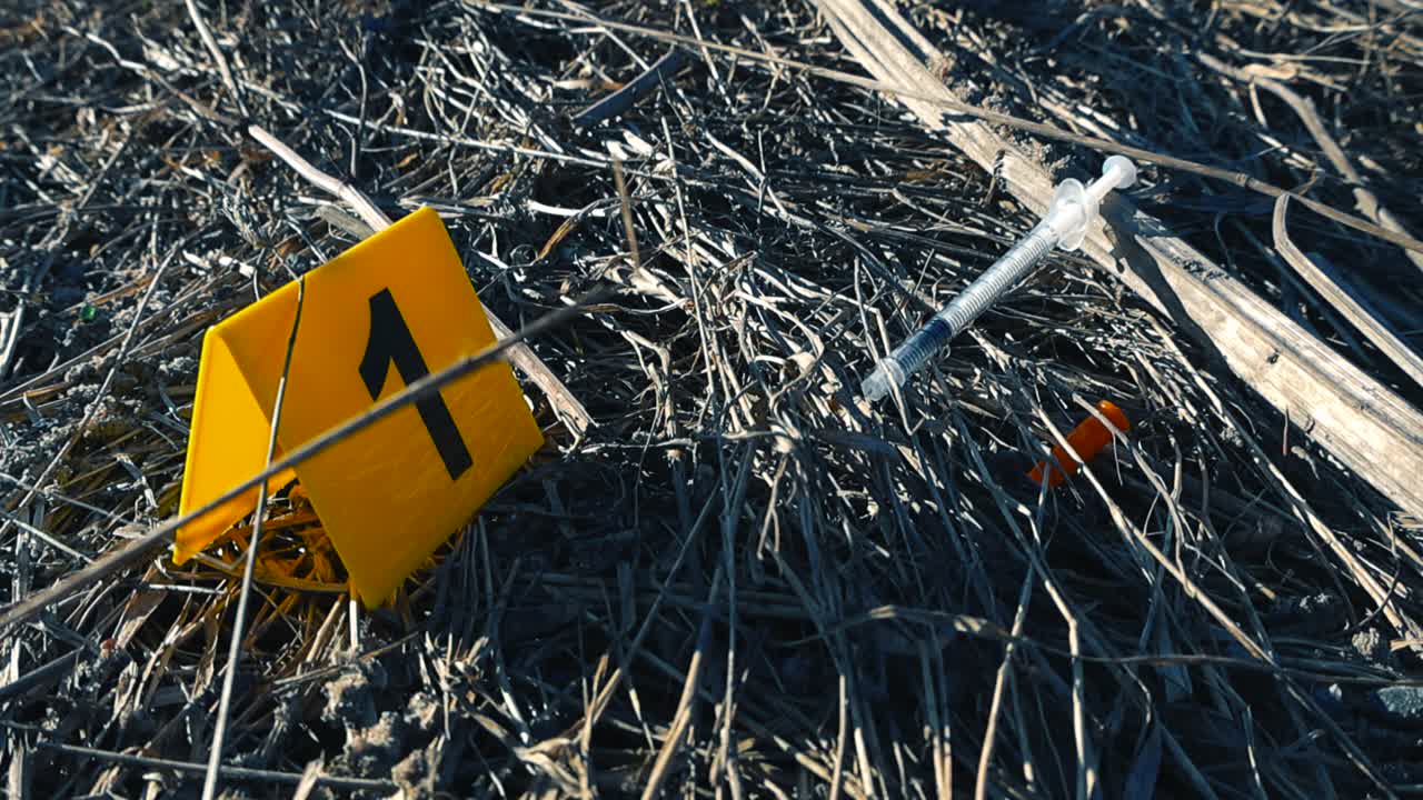 Marcatore di prova forense numero uno posizionato accanto a una siringa e un ago usati a terra nell'erba secca, rappresentando una potenziale scena del crimine o un'indagine per overdose di droga.