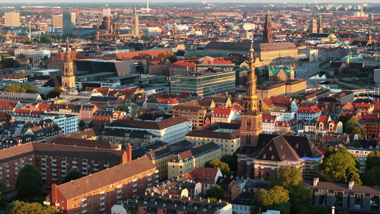 Aerial drone view of the Church of Our Saviour in the city centre of Copenhagen, Denmark at sunset