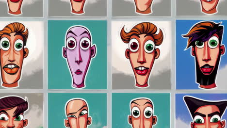 vibrant collage of exaggerated cartoon faces