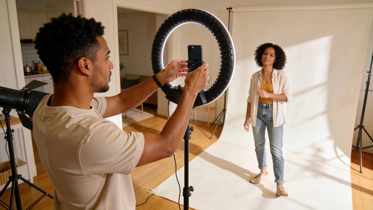 Justerar ringlampa, man monterar telefonen, ramar in en modell i senapsgul topp i en hemmastudio, med utrymme för text.