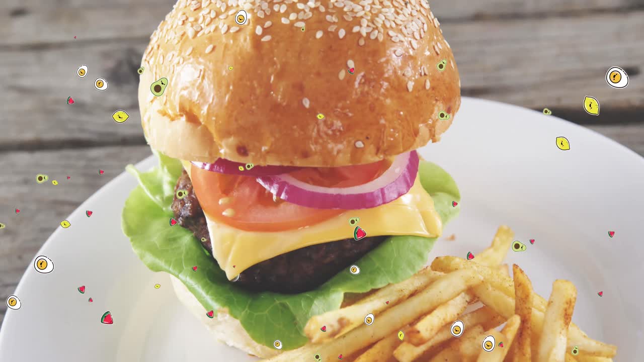 animación de comida cayendo sobre hamburguesas y papas fritas