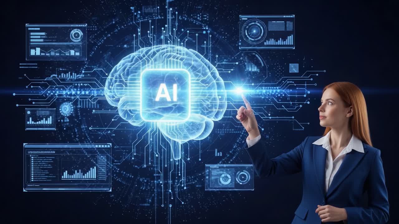 A Professional Woman Engaging with AI Technology, Highlighting The Integration of Artificial Intelligence in Modern Analytics and Insights for Future Innovation