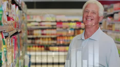 Financial-data-processing-against-senior-man-shopping-in-grocery-store