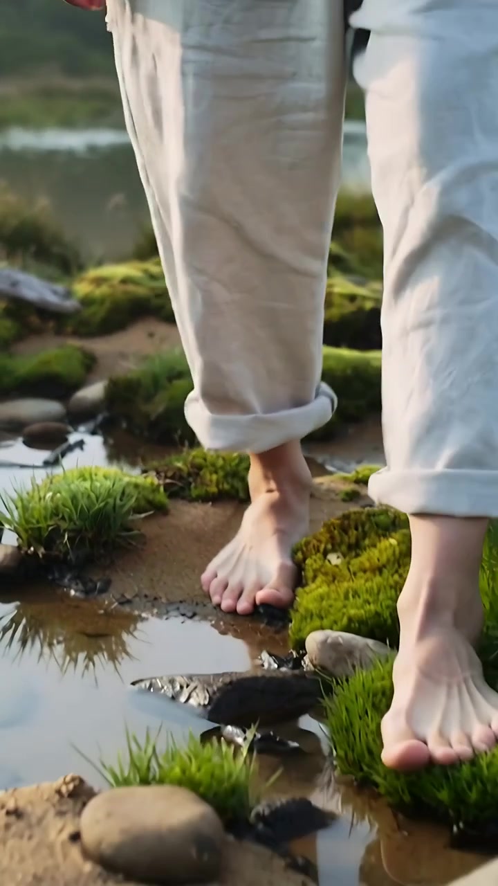 Vertical video: Lifting foot, barefoot walker stepping across moss bank toward rock, cuffed pants