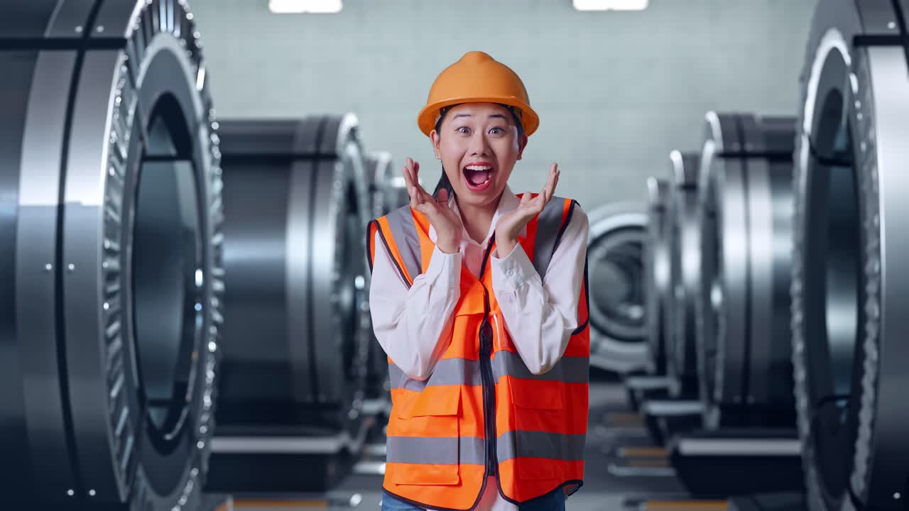 안전 헬을 입은 아시아 여성 엔지니어가 카메라에 미소 짓고 금속 공장에서 서서 와우라고 말합니다.